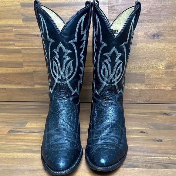 Tony Lama Cowboy Boots Mens 9 D Black Ostrich Wingtip Round Toe Y2060 - Picture 2 of 14